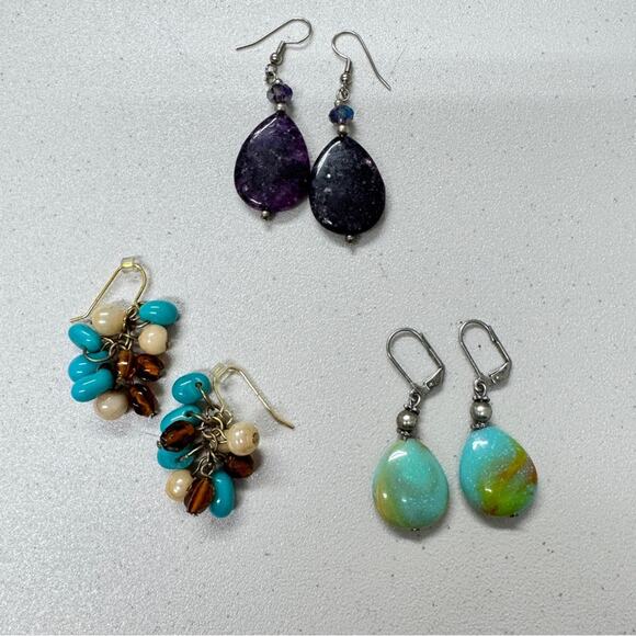Set of Three Dangle Earrings Boho Green Purple Pierced Womens Jewelry - Picture 1 of 7